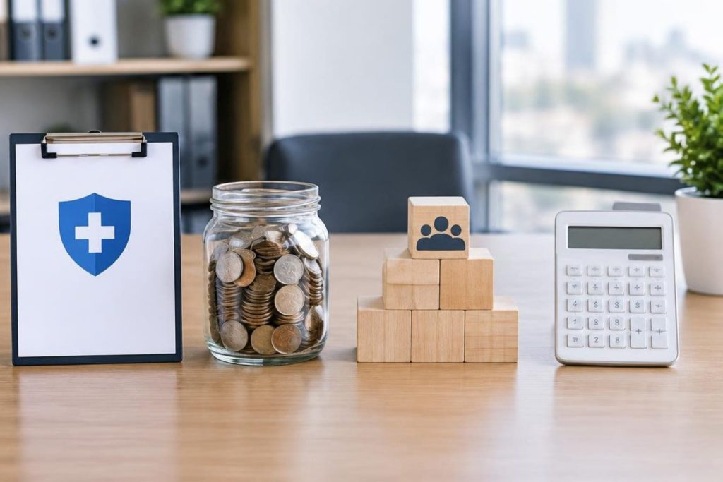 Clipboard, coin jar, and calculator weighing affordable health plans for small business owners.
