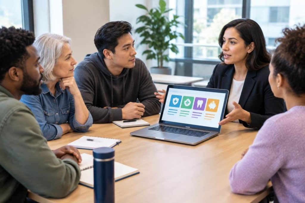 Diverse team viewing laptop icons comparing health plans for small business owners.