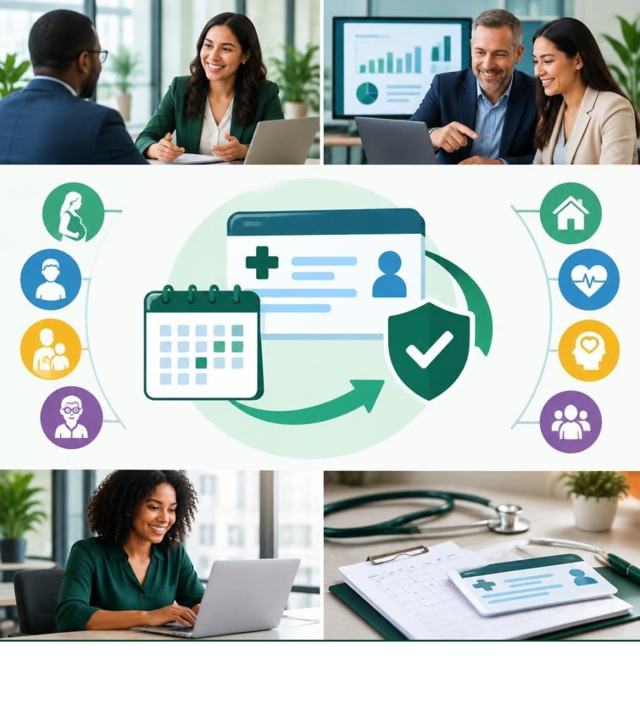 Collage of office meetings and medical icons covering health plans for small business owners.