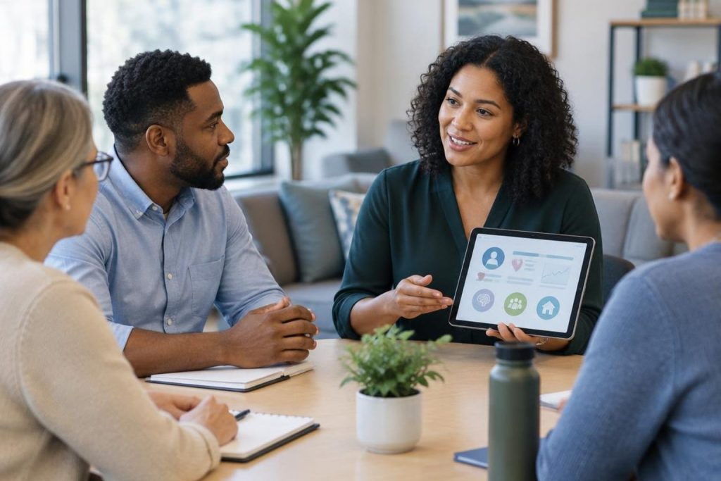 Woman presenting wellness icons on a tablet about health plans for small business owners.