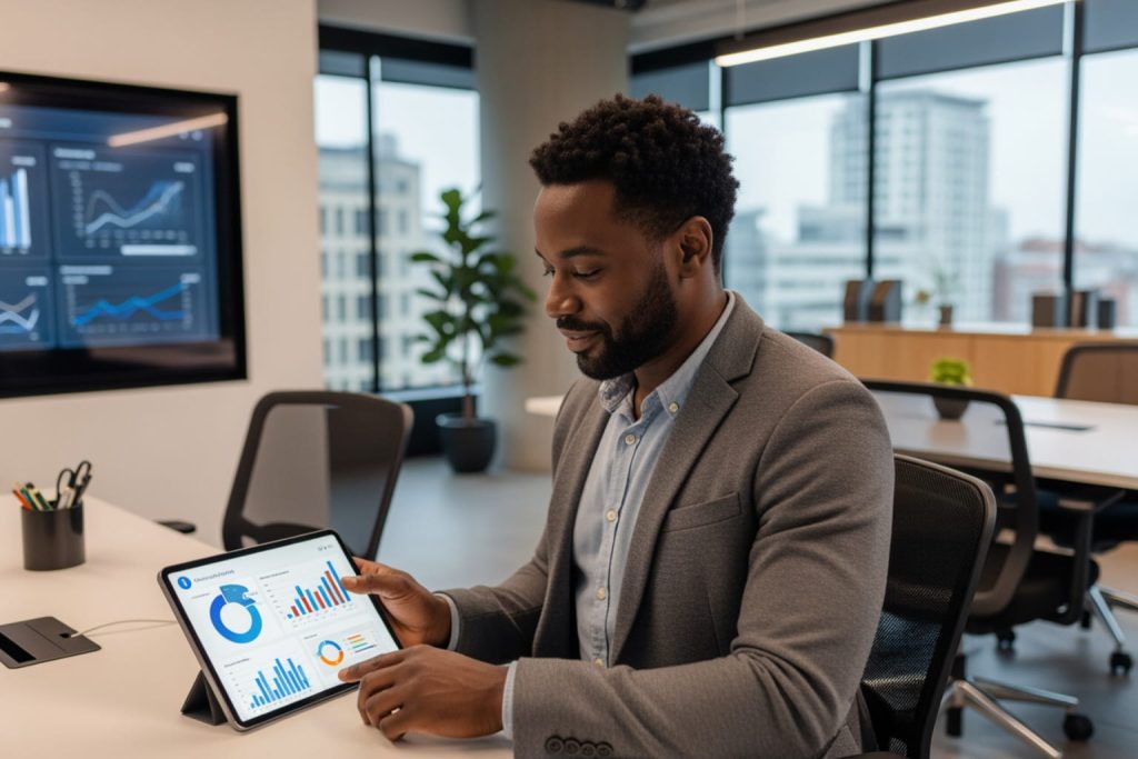 A professional man in a modern office interacts with a tablet displaying colorful data visualizations, including bar charts and pie charts that help answer how often should a small business post on social media. A large monitor in the background shows similar blurred charts. The setting includes a white table, a pen holder, and a city skyline visible through a window.