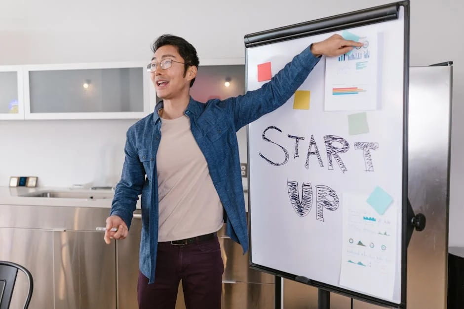 A man presenting a 'START UP' concept on a whiteboard, a key step in how to become an entrepreneur.