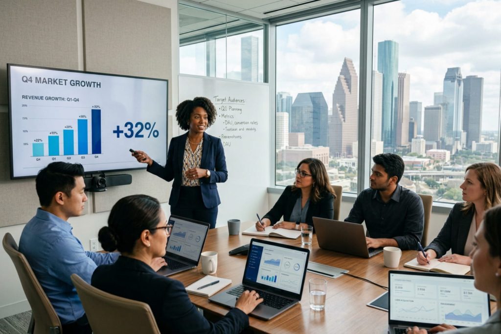 Business team in a meeting discussing revenue trends and how to calculate percentage of growth.
