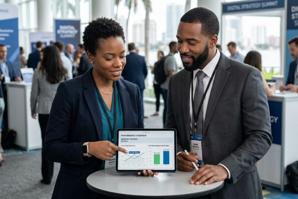 Professionals at a summit reviewing dashboard metrics and how to calculate percentage of growth for ROI.