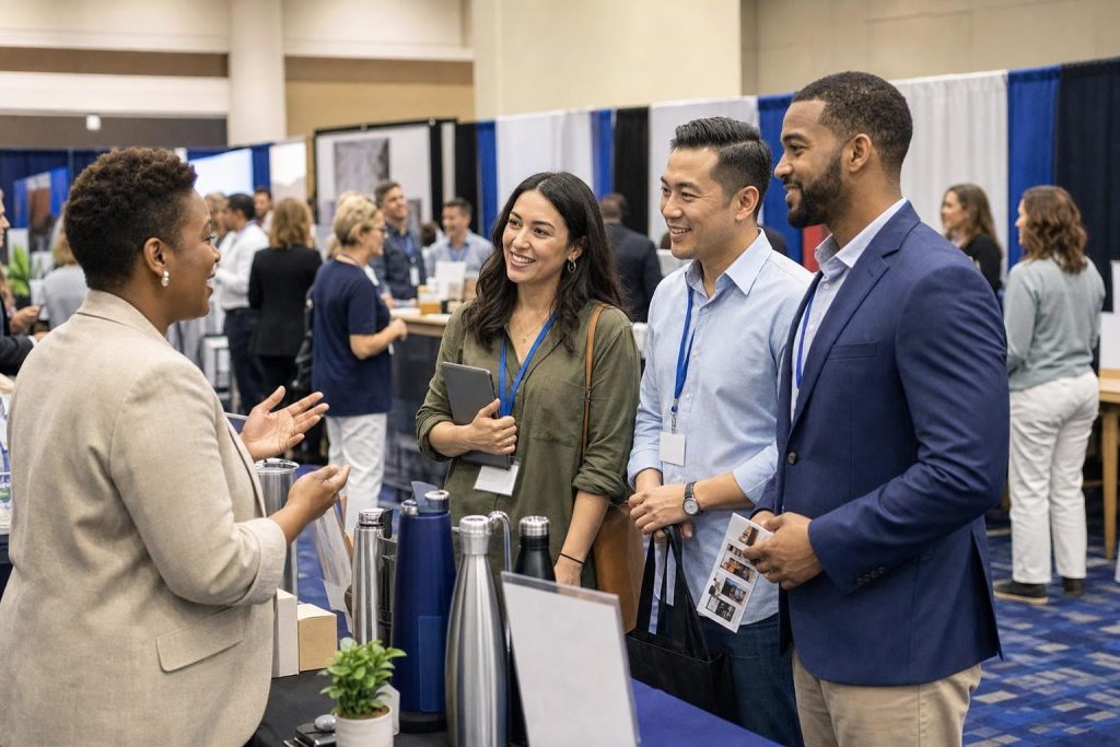 Networking event scene showing business conversations related to how to calculate percentage of growth.