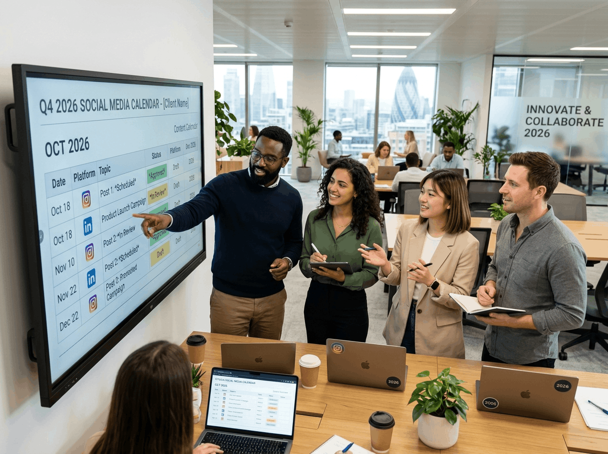 Team collaborating around a large screen demonstrating how to create a social media content calendar for Q4 2026 in a modern office.