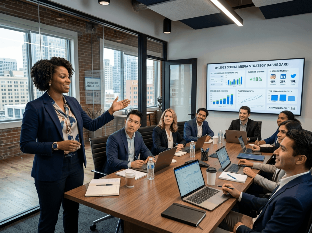Presenter leading a meeting demonstrating how to create a social media content calendar with a Q4 2023 strategy dashboard on a screen.