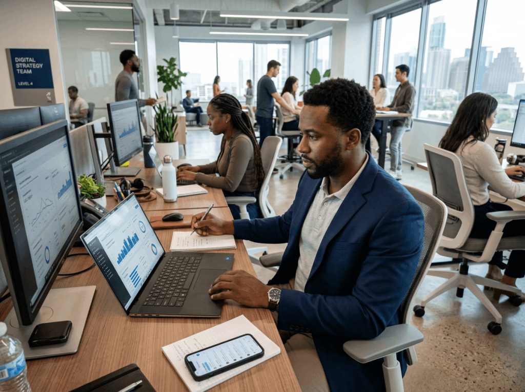 Digital Strategy Team working in an open-plan office with data dashboards on screens, demonstrating how to create a social media content calendar.