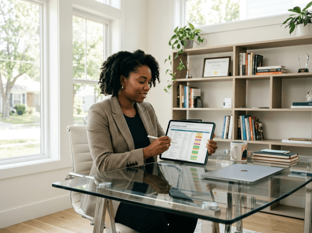 Woman reviewing data on a tablet about how to create a social media content calendar in a home office with a bookshelf in the background.