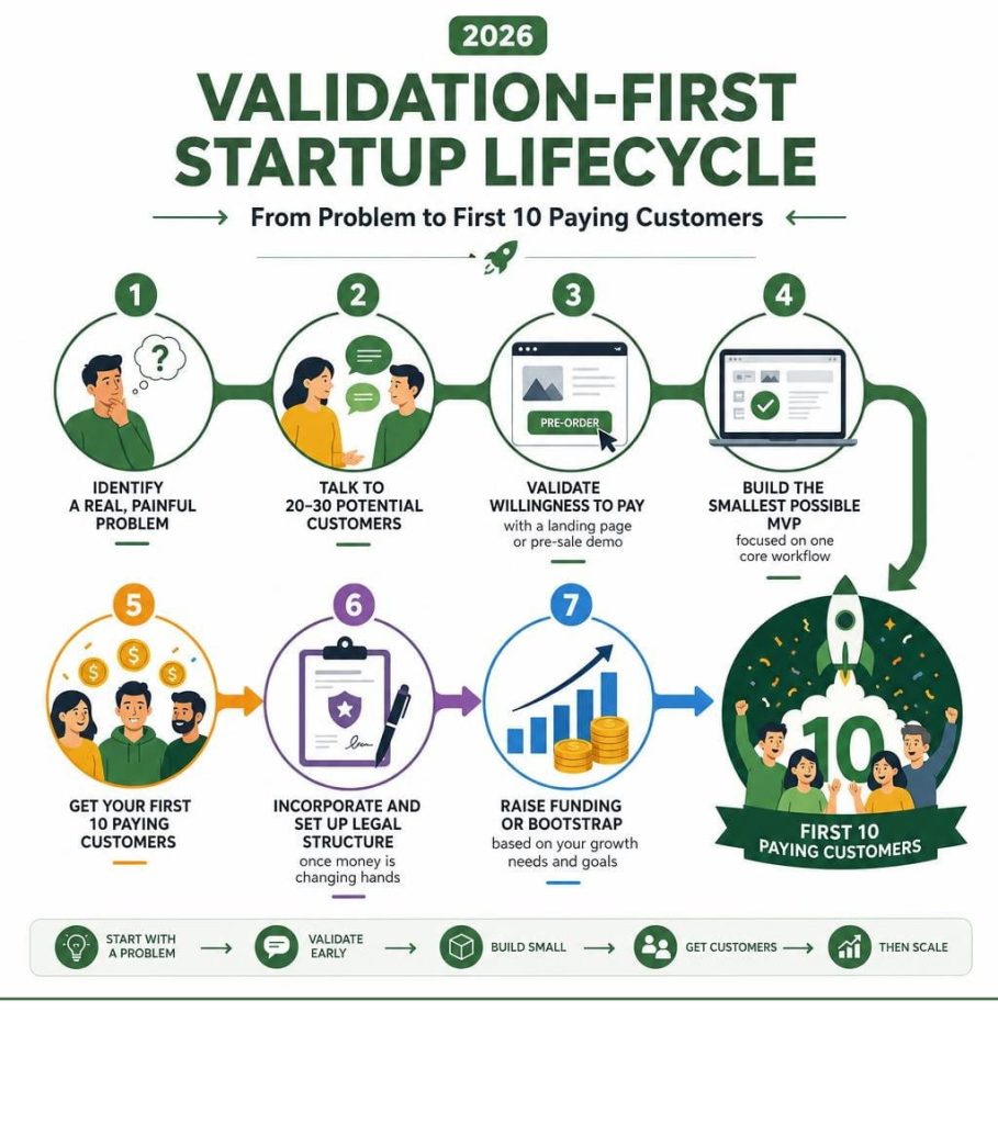 Colorful infographic titled "Validation-First Startup Lifecycle 2026" explaining how to create a startup in 7 steps, from spotting a problem to landing your first 10 paying customers.