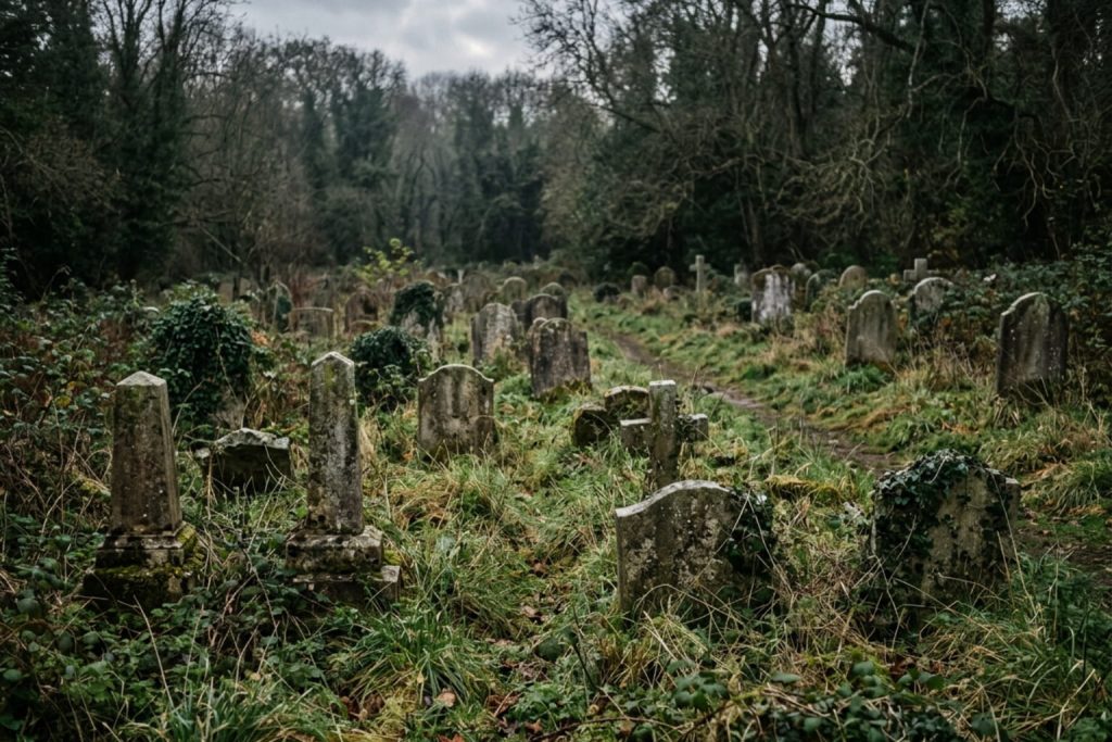 An overgrown historical cemetery with weathered headstones surrounded by dense forest under an overcast sky, a reminder that skipping validation is a common risk when learning how to create a startup.