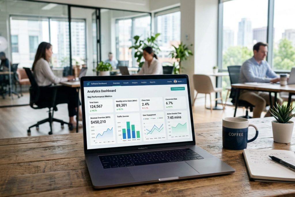 An open MacBook Pro shows an analytics dashboard with key performance metrics in a bright co-working space, tracking the growth data behind how to create a startup.