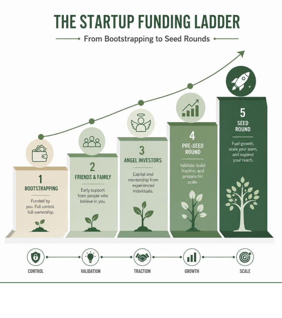 Infographic showing the startup funding ladder from bootstrapping to seed rounds through a plant growth metaphor, explaining how to create a startup and fund each stage.