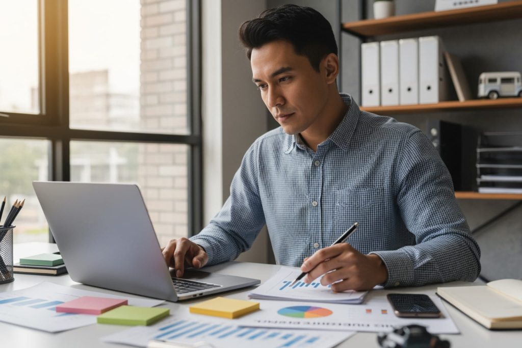A young Asian man in a professional office setting, working at a desk with a laptop, documents, and charts. He is focused, holding a pen over a bar and pie chart on a paper, likely analyzing how to create an ideal customer profile. The background includes a window with natural light and a shelving unit with binders and a potted plant.
