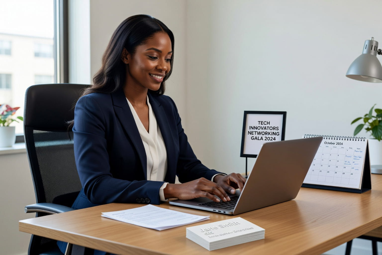 A young Black woman in a navy blazer and white blouse is typing on a silver laptop at a wooden desk, demonstrating how to follow up after a networking event. The desk features a stack of business cards with "Jane Smith, CEO, Innovation Enterprise," a calendar for October 2024, and a sign reading "Tech Innovators Networking Gala 2024." The background includes a window with natural light and a potted plant, creating a professional office setting.
