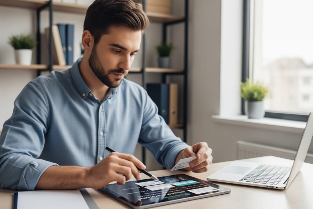 A man with dark hair and a beard is seated at a light wooden desk, using a stylus on a tablet while holding a white credit card. The tablet screen shows a login interface. A silver laptop, a notebook, and a shelving unit with potted plants and folders are visible in the background, suggesting a work or home office setting, perhaps where someone might research how to follow up after a networking event.