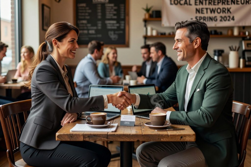 A man and woman in business attire shake hands across a wooden table in a café during a networking event. The table holds laptops, coffee cups, and a business card. A banner reading "LOCAL ENTREPRENEURS NETWORK SPRING 2024" and blurred attendees in the background highlight the professional setting, offering a perfect example of how to follow up after a networking event effectively.