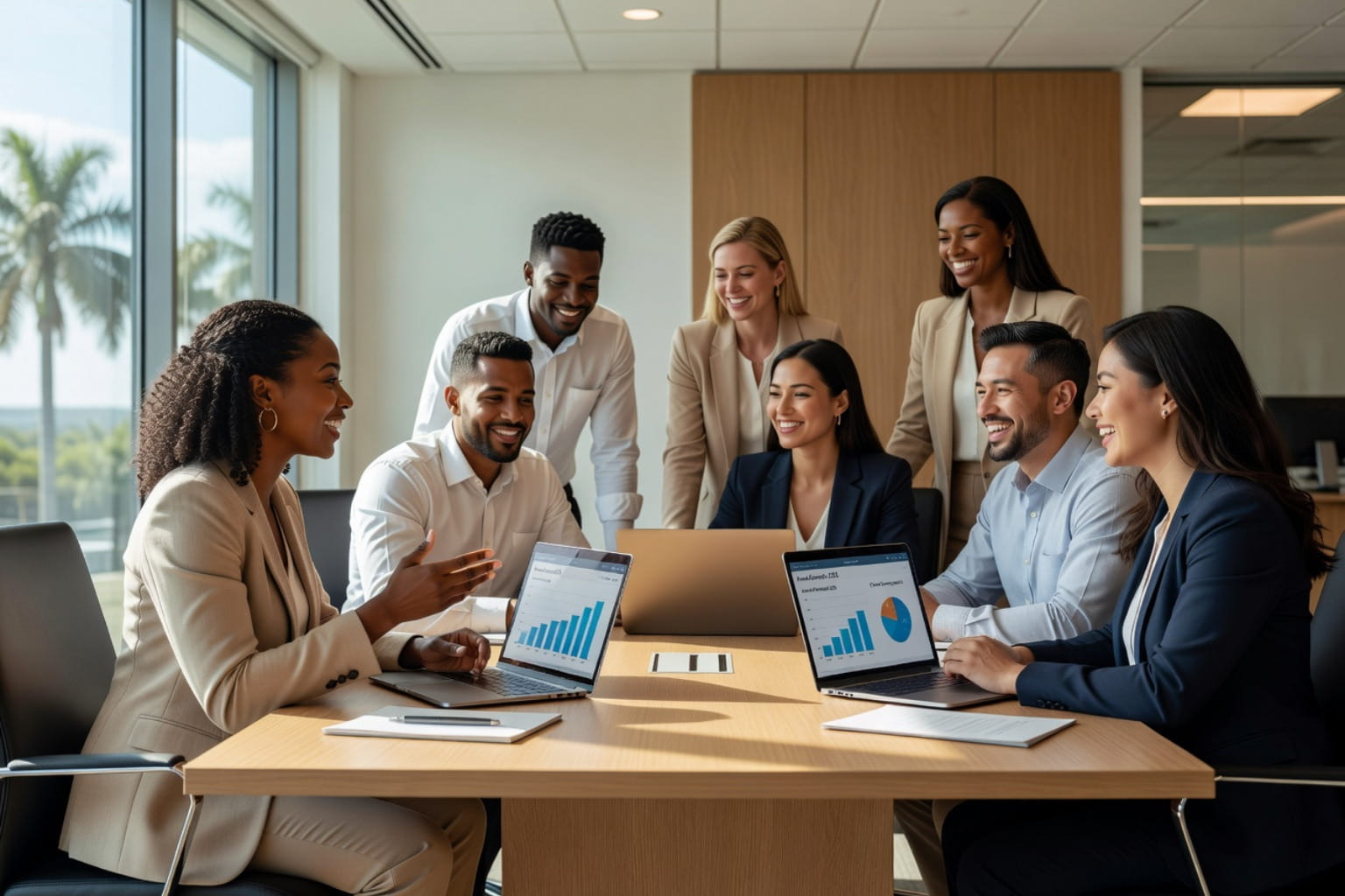 A diverse team collaborates around a conference table, discussing how to grow a business, with laptops displaying charts.