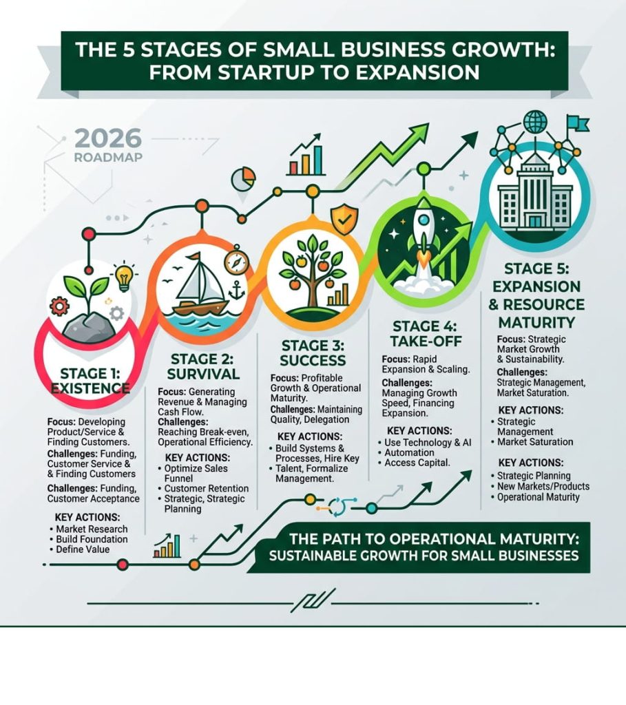 Infographic showing the 5 stages of how to grow a business.