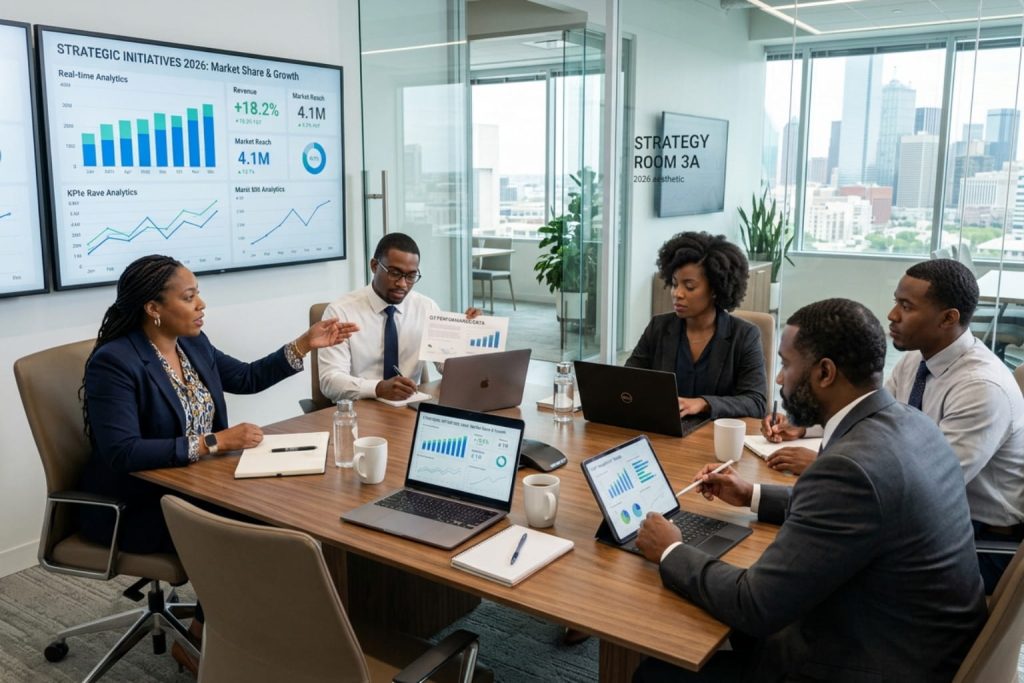 Professionals in a strategy meeting discussing how to grow a business, with data charts on screens.