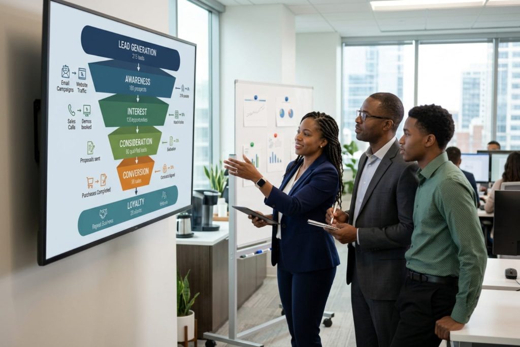 Marketing funnel graphic with colleagues discussing data on how to grow a business.