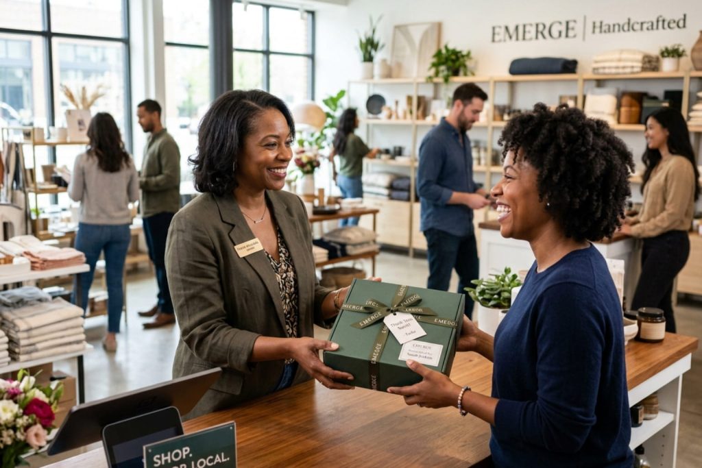 Boutique shop owner handing a personalized gift box to a customer, demonstrating a strategy for how to grow a business through customer care.