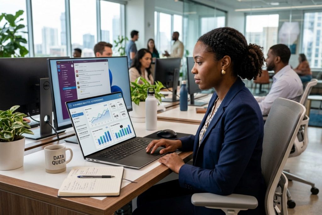 Businesswoman analyzing data on a laptop in a modern office, researching how to grow a business.