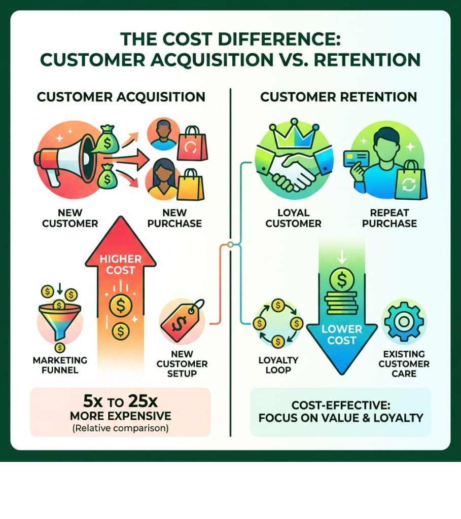 Infographic comparing customer acquisition and retention costs as a strategy for how to grow a business.