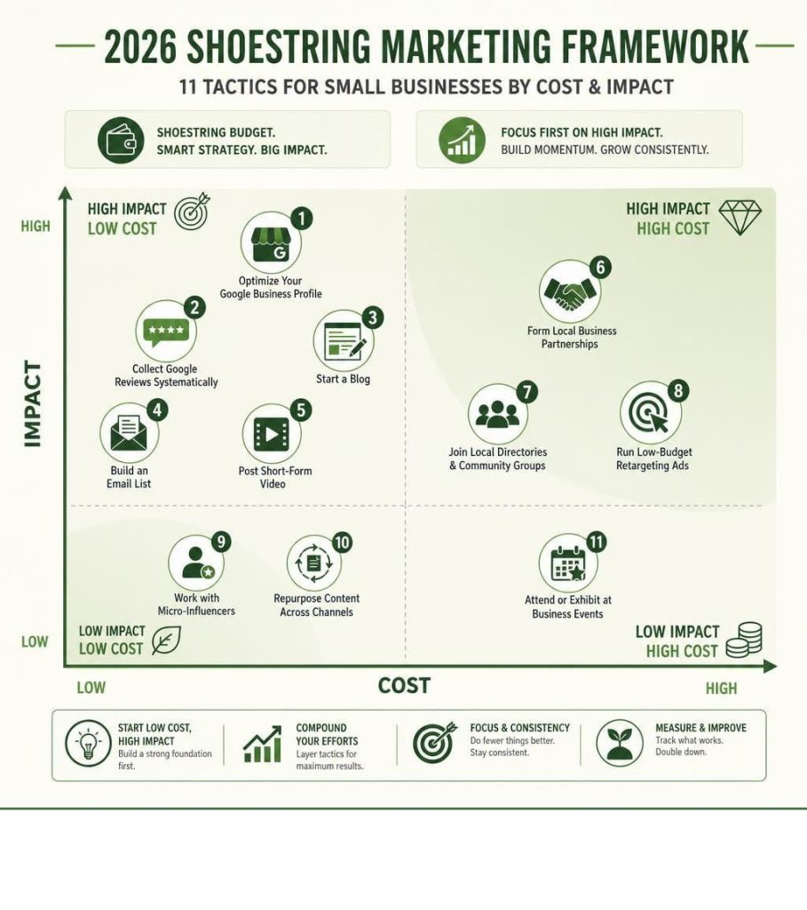 how to promote your business with a small business marketing framework infographic.