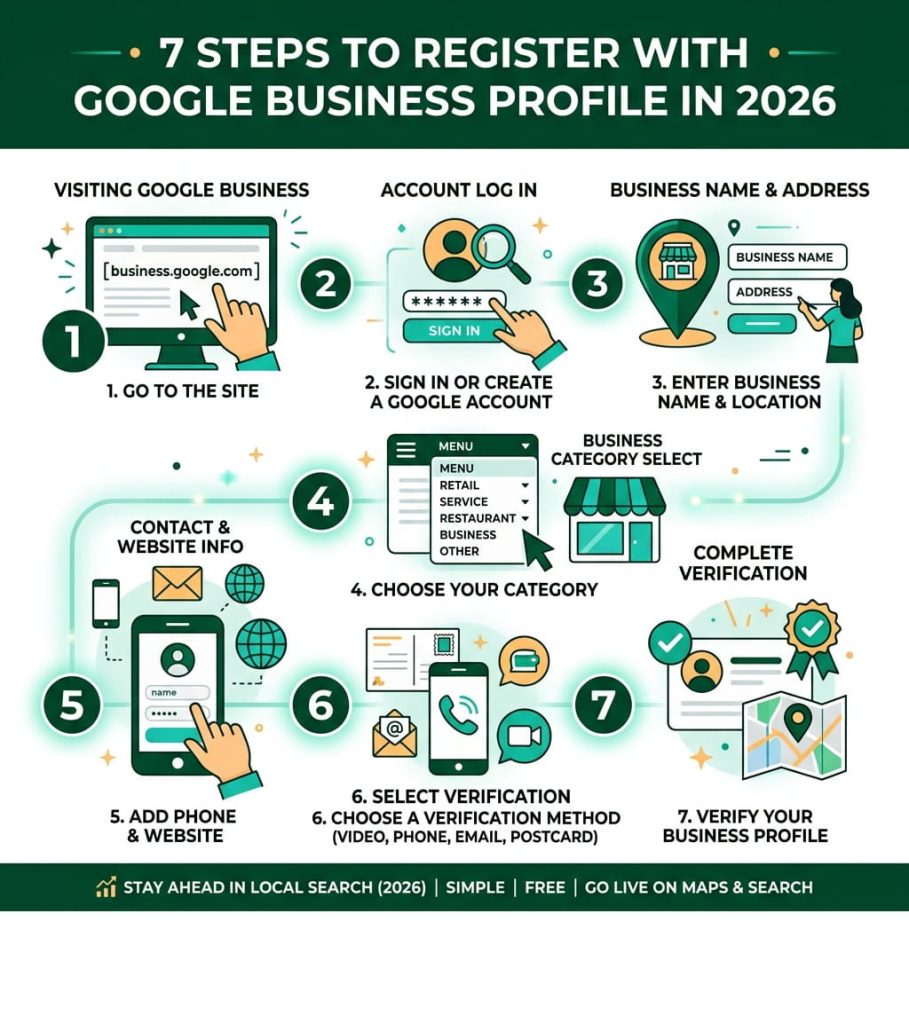 Infographic detailing 7 steps on how to register with Google Business Profile in 2026.