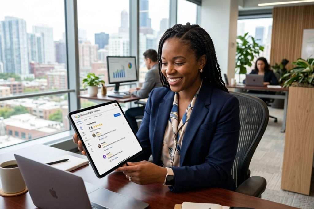 Professional woman showcasing how to register with Google Business to achieve a profile with high customer ratings.