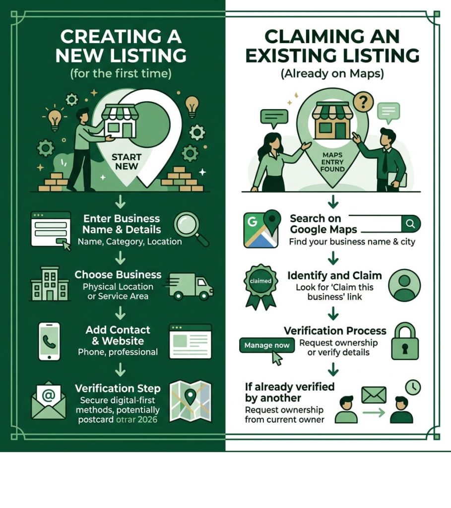 Infographic explaining the steps on how to register with Google Business by creating or claiming a listing.