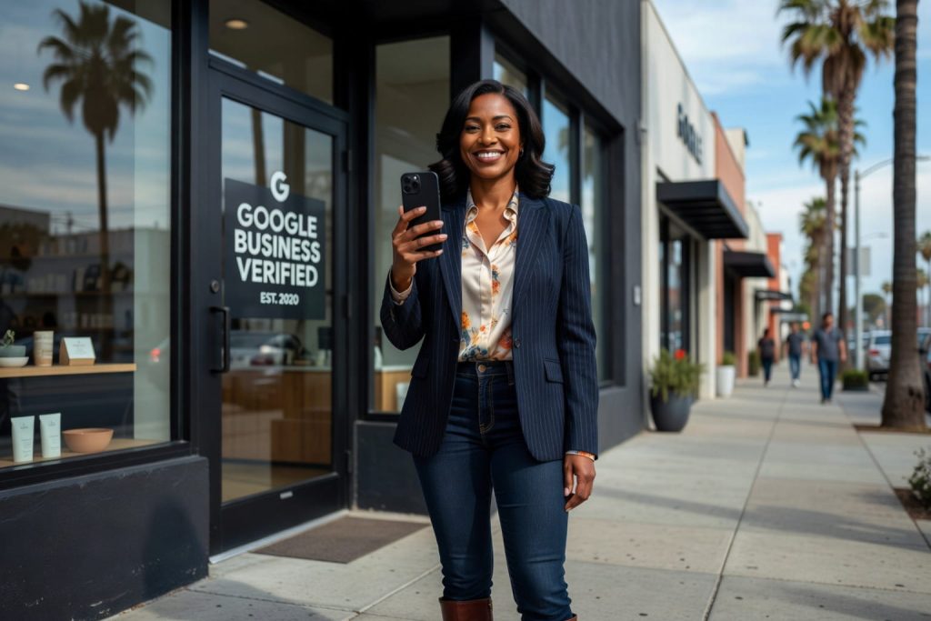 Smiling woman in front of a storefront with a 'Google Business Verified' sign, demonstrating the final step in how to register with Google Business.