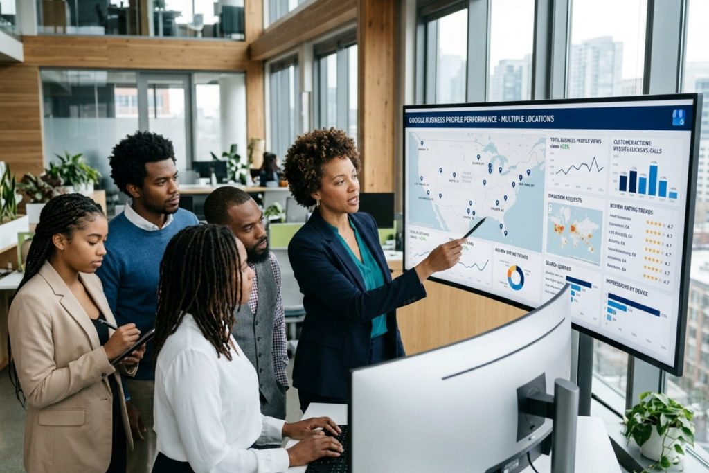 Business meeting with a presenter showing Google Business Profile performance data on a large screen to explain how to register with Google Business.