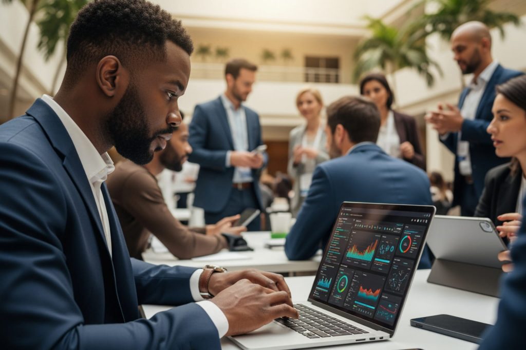 A man in a suit typing on a laptop with a guide on how to start a business and colorful data visualizations, set in a modern office with colleagues in the background.