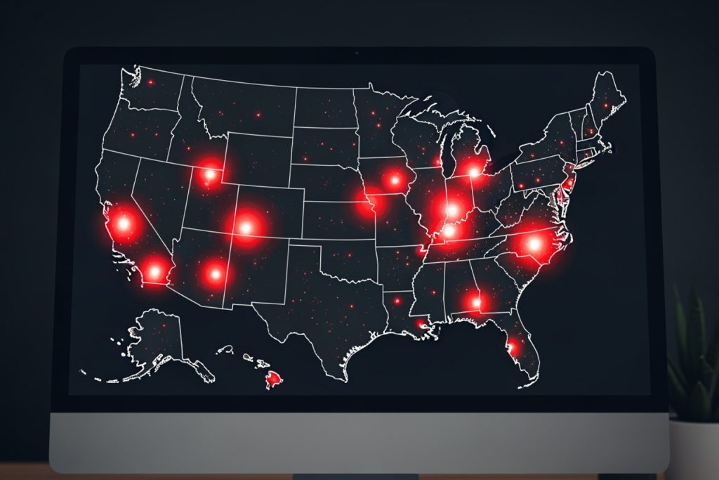 A computer monitor displaying a stylized heatmap of the United States with glowing red and white data points, illustrating market research for how to start a business, set in a dark room with a small potted plant nearby.