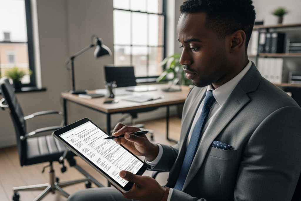A man in a suit using a stylus on a tablet, which displays a structured digital document on how to start a business in a bright office.