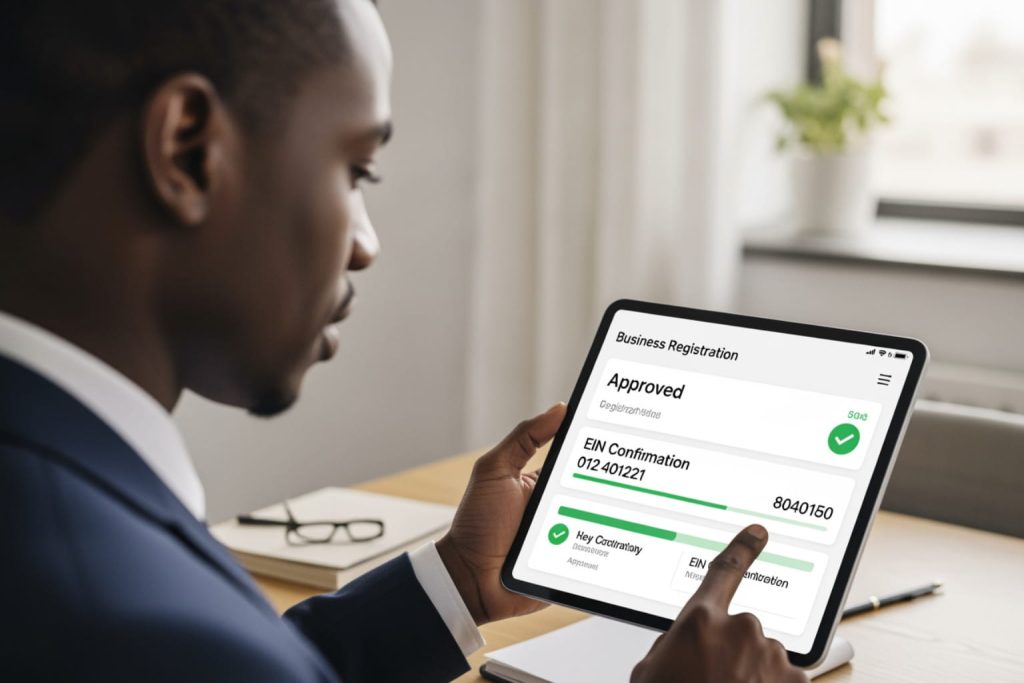 A man in a suit holding a tablet showing a "Business Registration" confirmation screen with green checkmarks, demonstrating a key step in how to start a business.