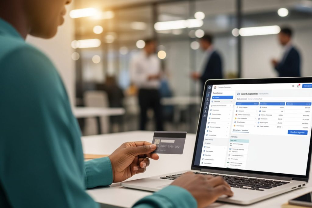 A person holding a credit card and using a laptop displaying a financial dashboard about how to start a business in a modern office.
