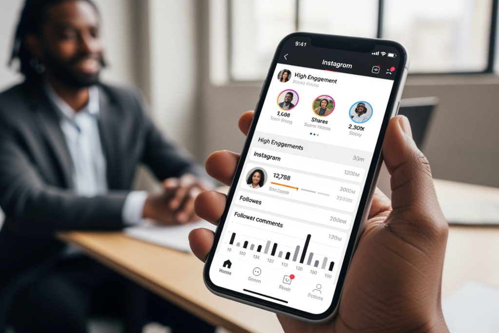 A hand holding a smartphone showing a social media analytics app with engagement metrics and charts, illustrating how to start a business.
