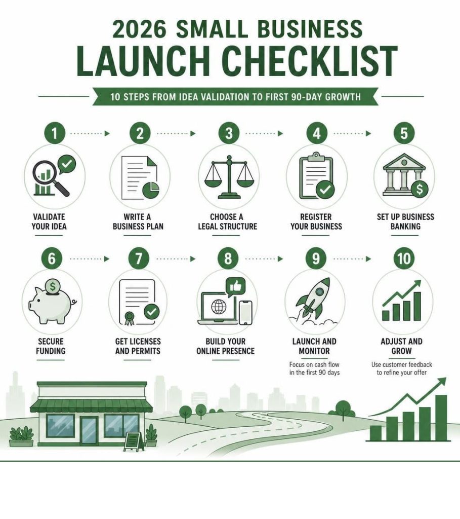 A green infographic outlining a 10-step launch checklist covering everything from idea validation to 90-day growth, serving as a visual guide for how to start a small business. 
