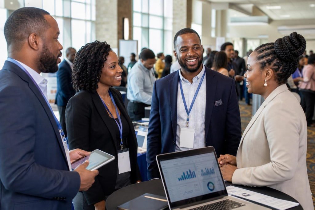 Four professionals gathered around a laptop and tablet at a business conference, using real-time data to discuss the strategies behind how to start a small business and scale it with confidence.