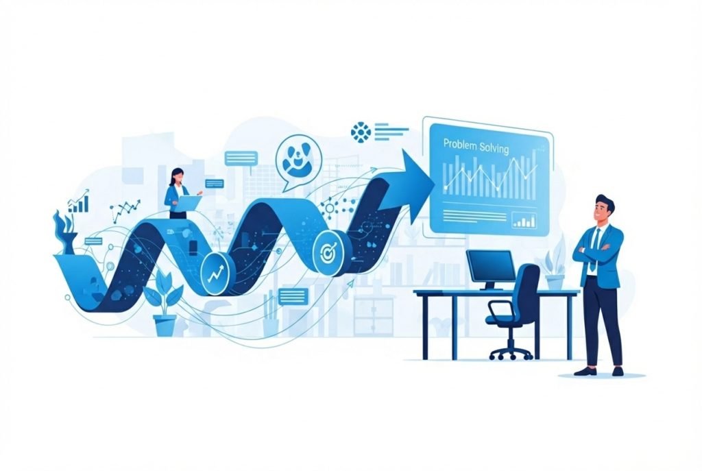 A stylized illustration of business growth and problem-solving. A wavy blue arrow path runs horizontally, featuring icons like a target and a line graph. A woman interacts with a laptop on the path to discover how to use AI in sales, while a man stands near a 'Problem Solving' dashboard displaying bar and line graphs. The scene emphasizes data-driven decision-making.