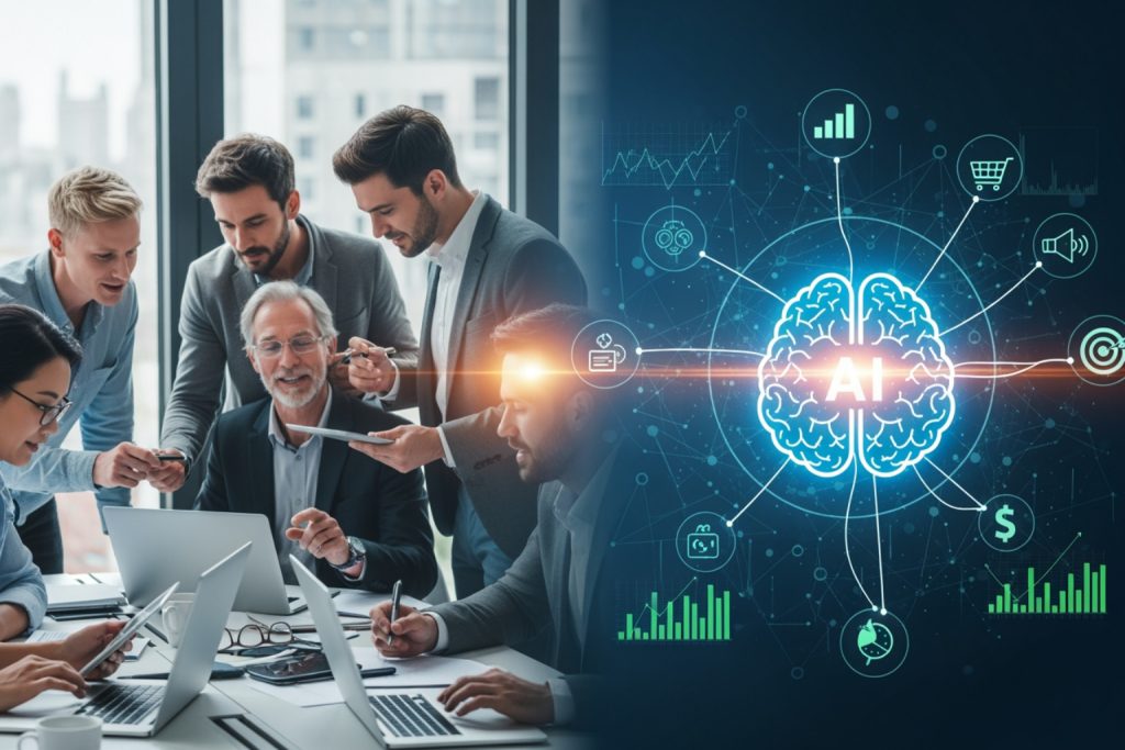A composite image showing six professionals in a business meeting on the left learning how to use AI in sales and a glowing blue AI brain graphic on the right. The AI brain connects to icons representing business functions like analytics, sales, and innovation. A light streak links the people to the AI, symbolizing collaboration and technology integration.