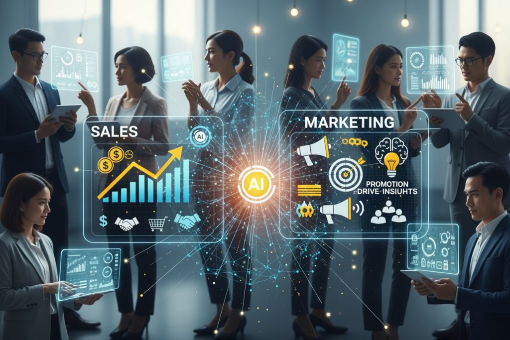 A futuristic office scene with eight professionals interacting with holographic displays to learn how to use AI in sales. A central glowing 'AI' icon connects to sales and marketing sections, featuring icons like bar charts, dollar signs, megaphones, and targets. The holographic interfaces display data visualizations, emphasizing AI's role in driving business insights and collaboration.
