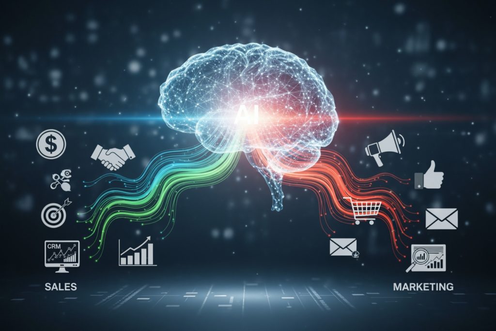 A conceptual digital artwork illustrating the integration of how to use AI in sales and marketing. A glowing wireframe brain with 'AI' at its core connects to clusters of icons representing sales (e.g., dollar sign, handshake, CRM) on the left and marketing (e.g., megaphone, shopping cart, analytics) on the right. The background features a dark digital space with flowing data streams in blue and orange.