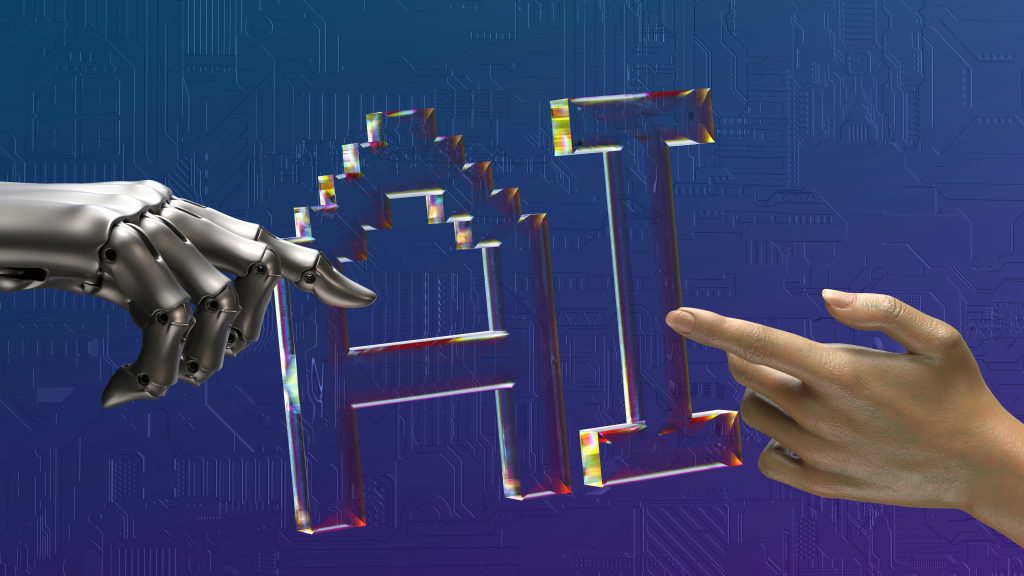 A futuristic image depicting a robotic hand and a human hand reaching out towards each other, lightly touching the pixelated, iridescent letters 'HI' in the center. The background features a deep blue circuit board pattern, emphasizing themes of technology, artificial intelligence, and human-robot interaction, crucial for any innovative AI Agency.