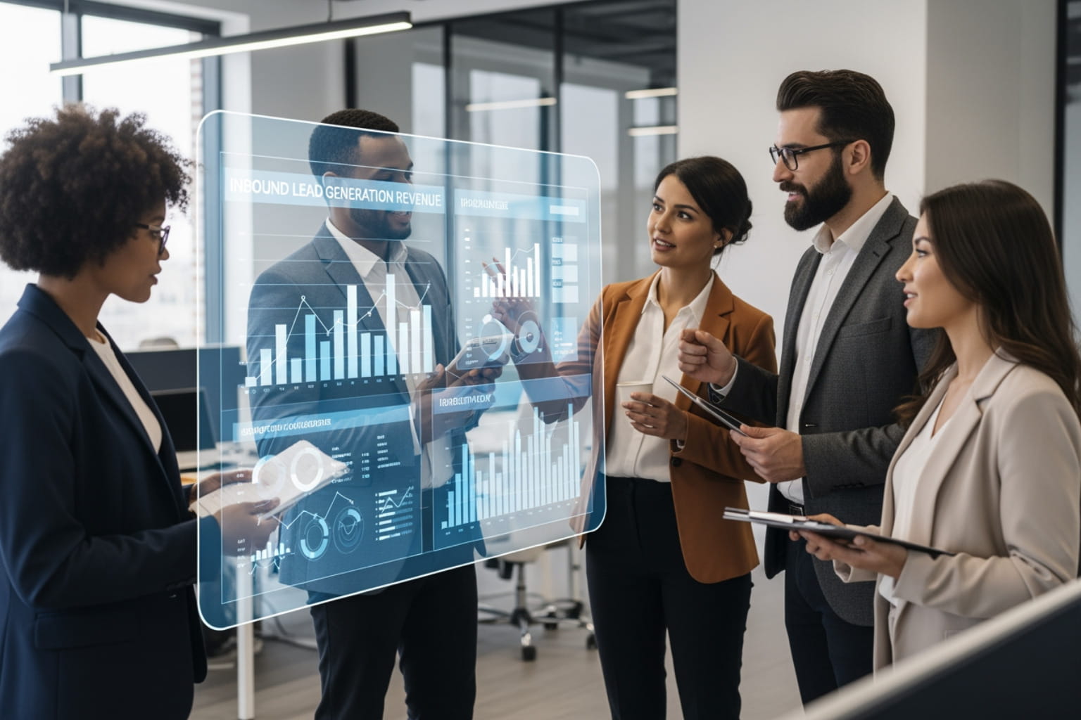 A group of five diverse professionals in a modern office setting, gathered around a large, transparent holographic display. The display showcases various business analytics for inbound lead generation, including bar charts, line graphs, and circular diagrams, with the title "Inbound Lead Generation Revenue." The team appears engaged in a collaborative discussion, with some holding tablets and others gesturing towards the display. The blue glow of the holographic screen adds a futuristic touch to the scene.
