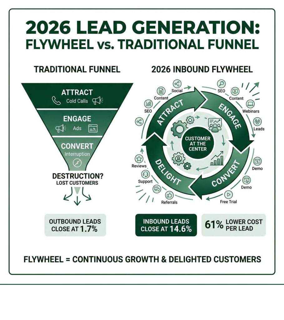 A side-by-side comparison of two lead generation models: the "Traditional Funnel" and the "2026 Inbound Flywheel." The funnel, represented by an inverted triangle, highlights outbound methods like cold calls and ads, with a low close rate of 1.7%. The flywheel, depicted as a circular process, emphasizes inbound lead generation strategies like content, SEO, and customer delight, boasting a 14.6% close rate and 61% lower cost per lead. The infographic uses green tones and icons to illustrate the differences.