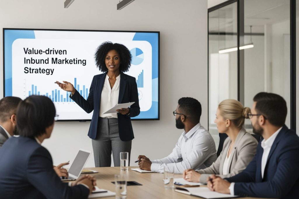 A business meeting in a modern conference room, featuring a female presenter gesturing towards a large screen displaying a slide titled "Value-driven Inbound Marketing Strategy." The slide, which focuses on inbound lead generation, includes a bar chart and a pie chart. Five attendees, seated around a wooden table, are attentively listening and taking notes. The room is bright, with glass partitions and a professional atmosphere.